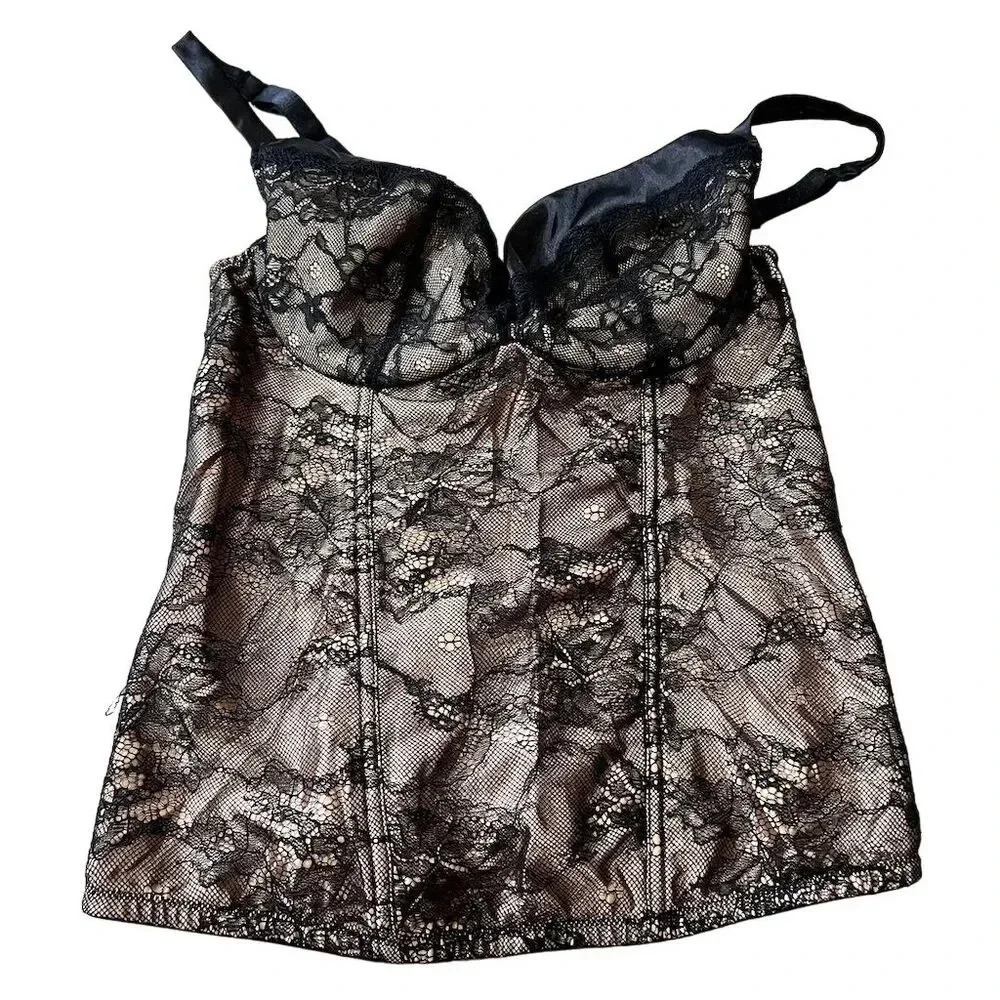 Cacique Women's Floral Lace Bustier Corset Bra Top Size 14/16 Black‎ and Tan